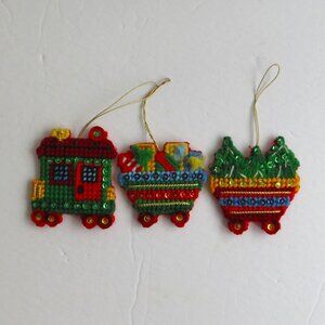 Current Needlepoint Christmas Ornaments #7143-3 Train Car Finished Set of 3 VTG